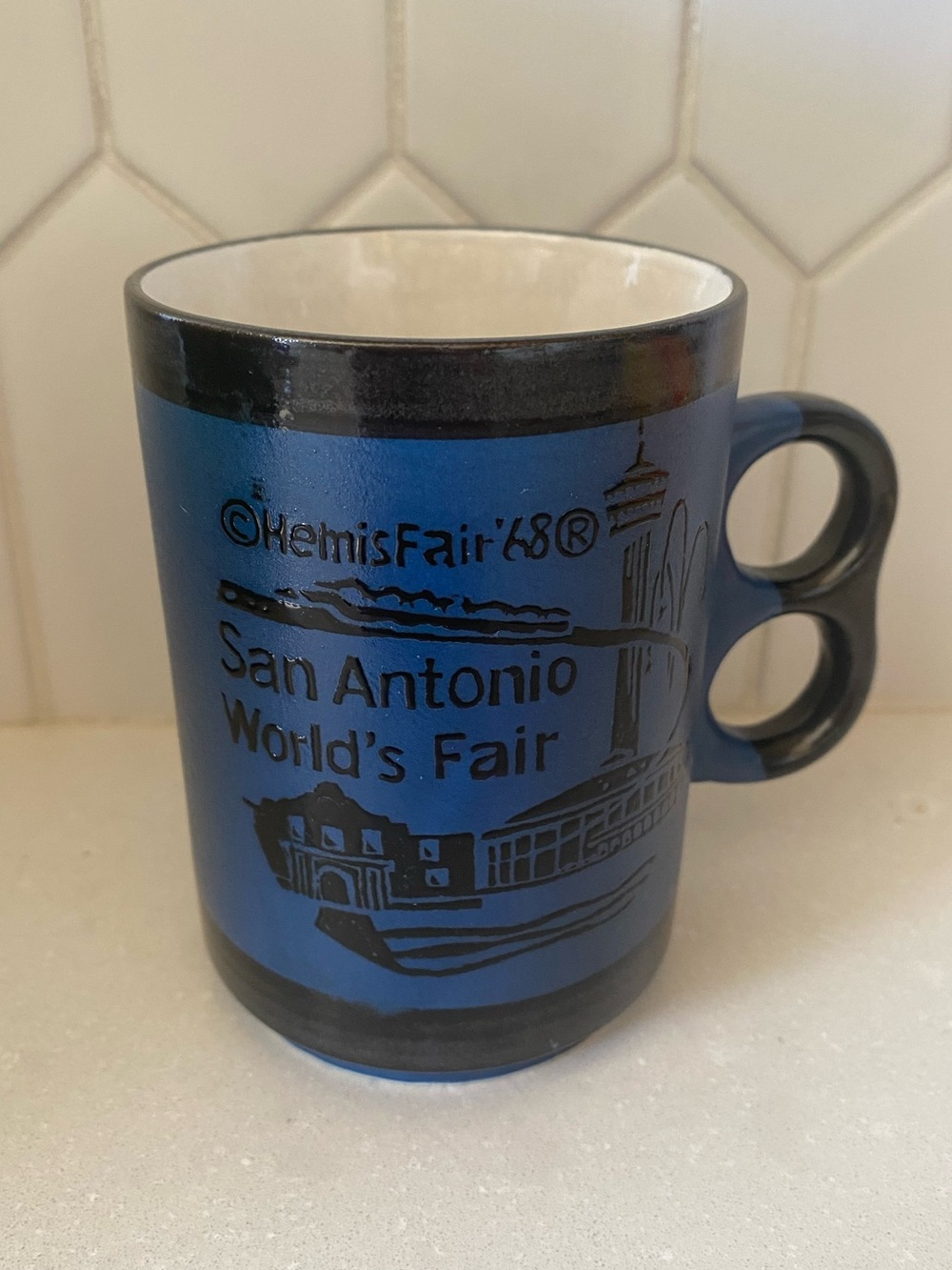 Hemis Fair 1968 San Antonio World's Fair Coffee Mug Souvenir Blue 2 Hole Handle